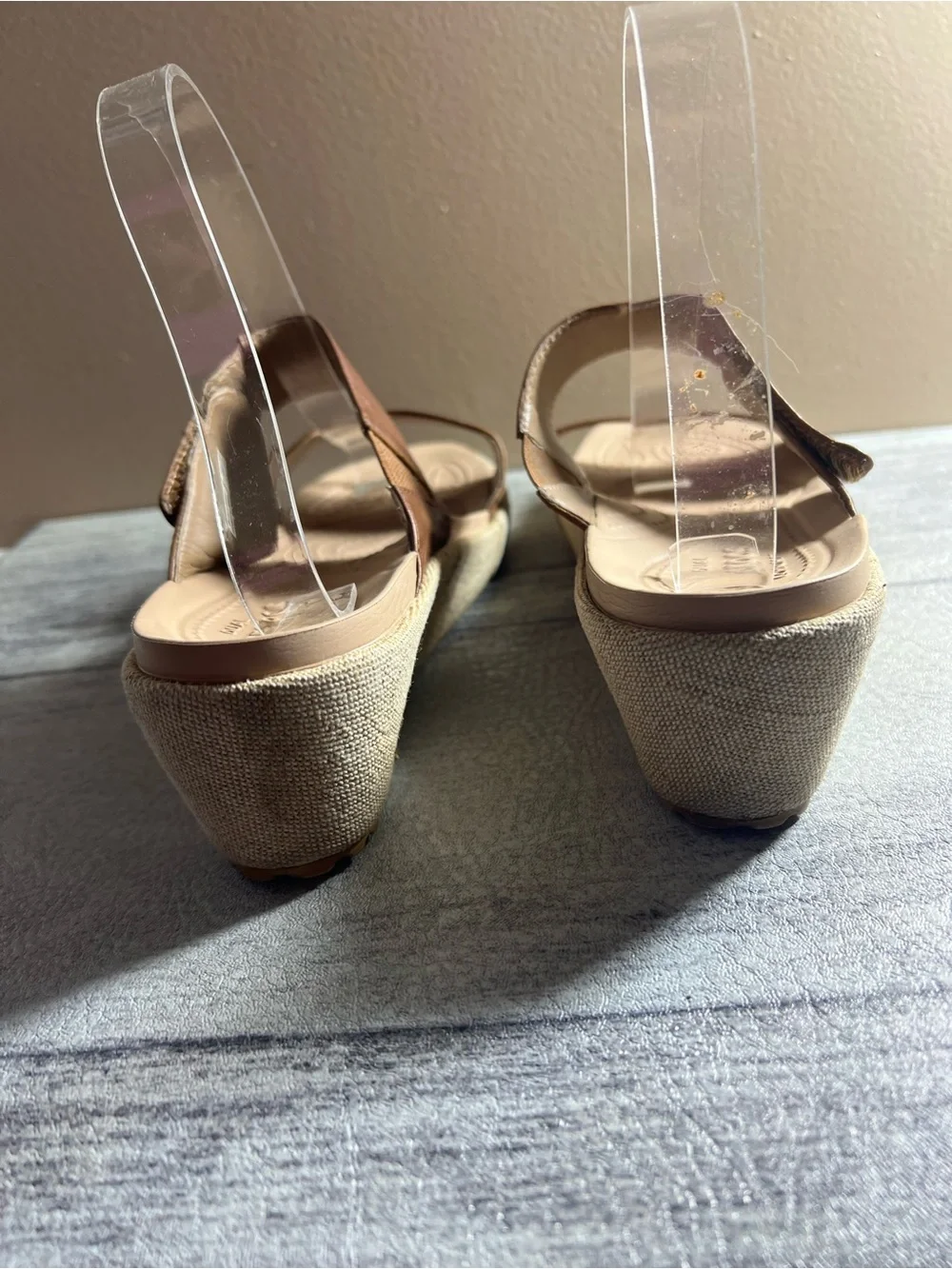 Crocs A-Leigh 2-Strap Mini Wedge Sandals Womens Size 9 Brown Leather Canvas